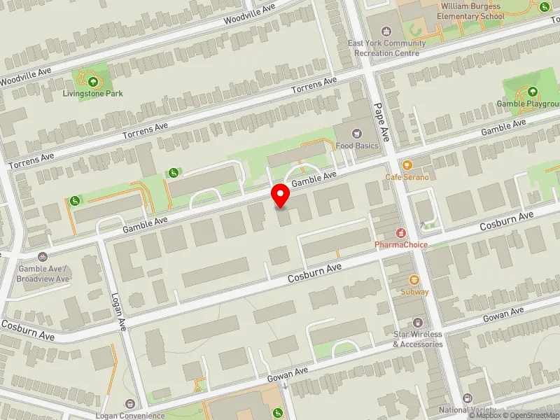 RentSafeTO apartment evaluation map view of 85 GAMBLE AVE in Toronto-Danforth, Toronto