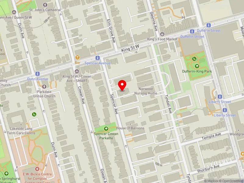 RentSafeTO apartment evaluation map view of 85 SPENCER AVE in Parkdale-High Park, Toronto