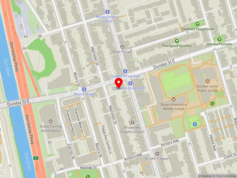 RentSafeTO apartment evaluation map view of 859 DUNDAS ST E in Toronto-Danforth, Toronto