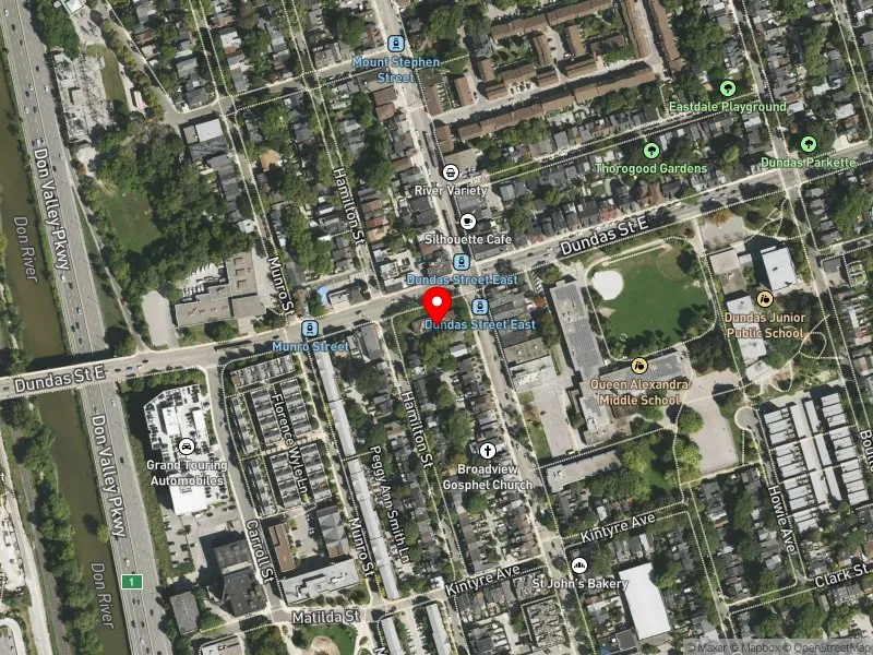 RentSafeTO apartment evaluation satellite view of 859 DUNDAS ST E in Toronto-Danforth, Toronto
