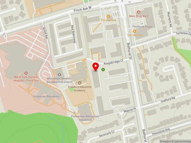RentSafeTO apartment evaluation map view of 9 KINGSBRIDGE CRT in York Centre, Toronto