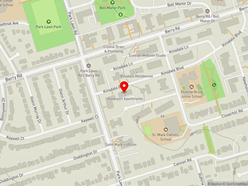 RentSafeTO apartment evaluation map view of 9 KINSDALE BLVD in Etobicoke-Lakeshore, Toronto