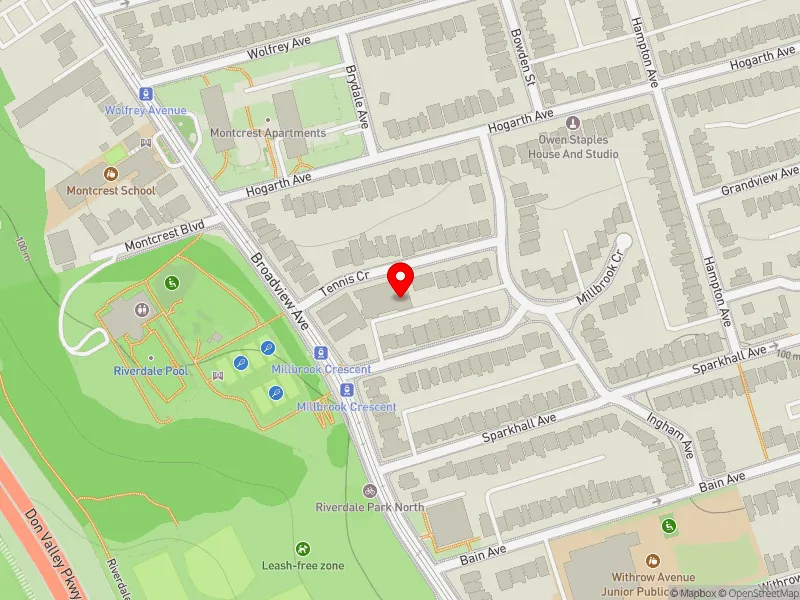 RentSafeTO apartment evaluation map view of 9 TENNIS CRES in Toronto-Danforth, Toronto