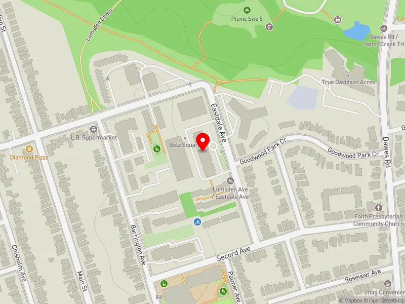 RentSafeTO apartment evaluation map view of 90 EASTDALE AVE in Beaches-East York, Toronto