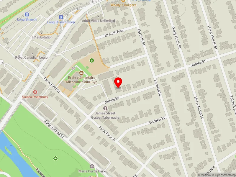 RentSafeTO apartment evaluation map view of 90 JAMES ST in Etobicoke-Lakeshore, Toronto