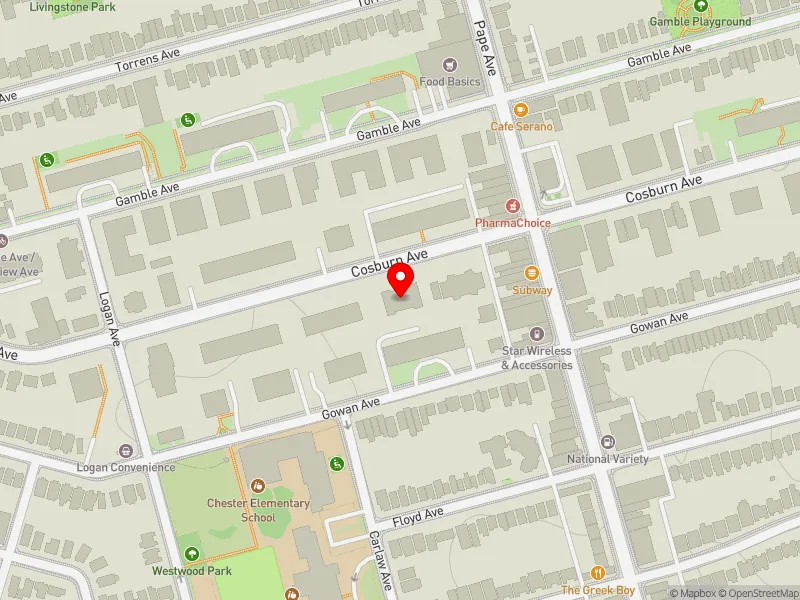 RentSafeTO apartment evaluation map view of 91 COSBURN AVE in Toronto-Danforth, Toronto