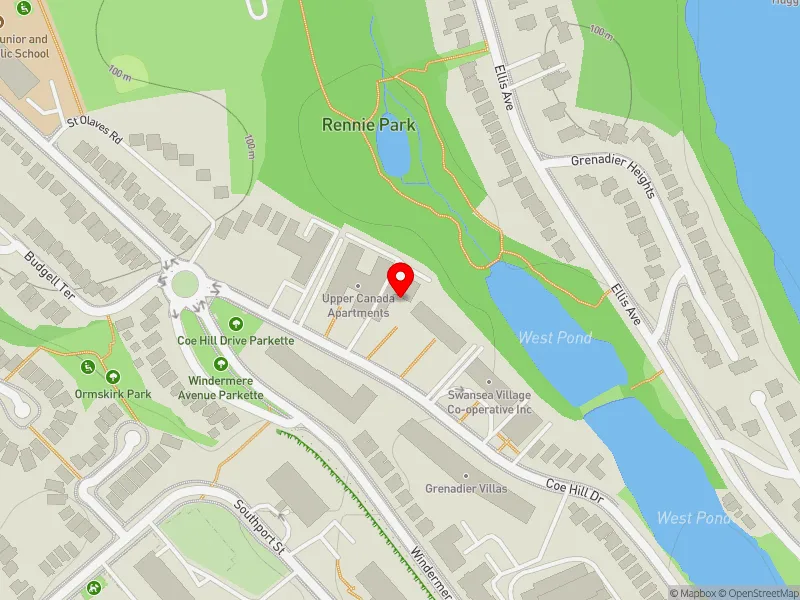 RentSafeTO apartment evaluation map view of 93 COE HILL DR in Parkdale-High Park, Toronto