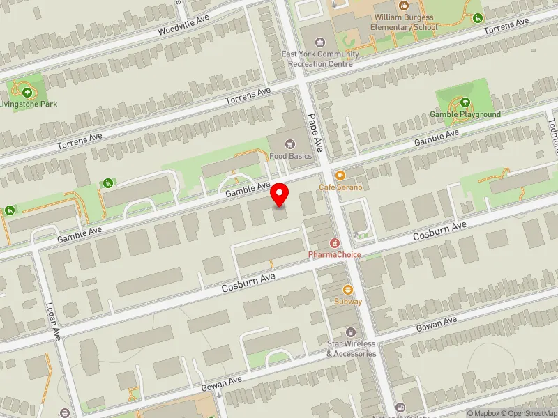 RentSafeTO apartment evaluation map view of 95 GAMBLE AVE in Toronto-Danforth, Toronto
