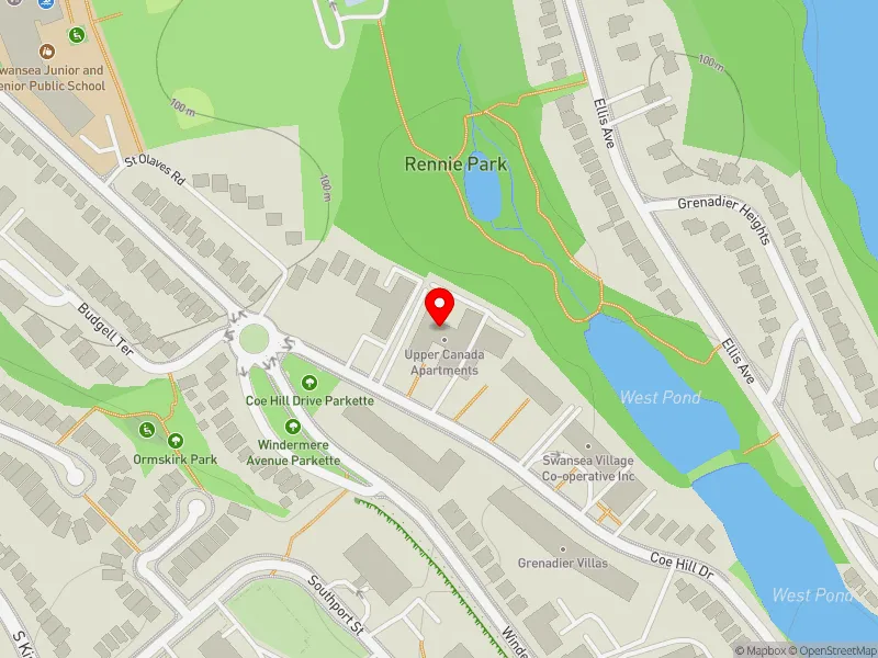 RentSafeTO apartment evaluation map view of 99 COE HILL DR in Parkdale-High Park, Toronto