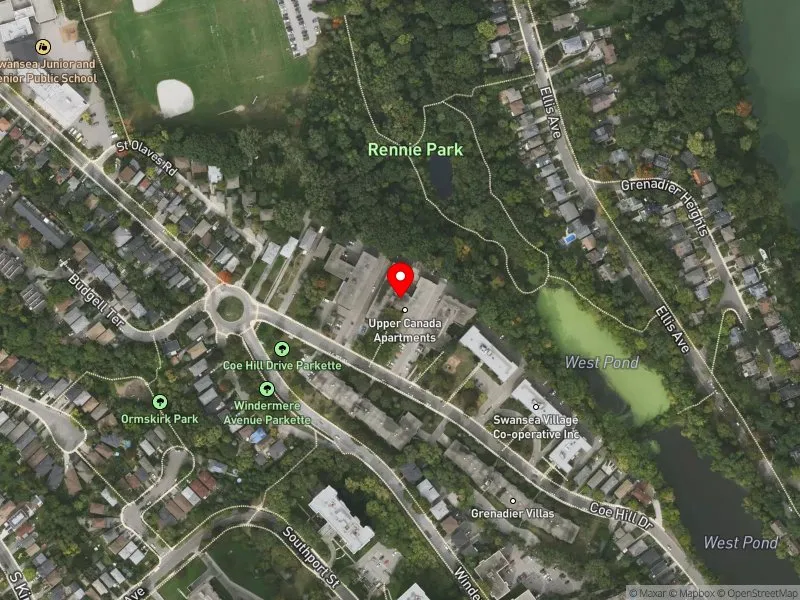 RentSafeTO apartment evaluation satellite view of 99 COE HILL DR in Parkdale-High Park, Toronto