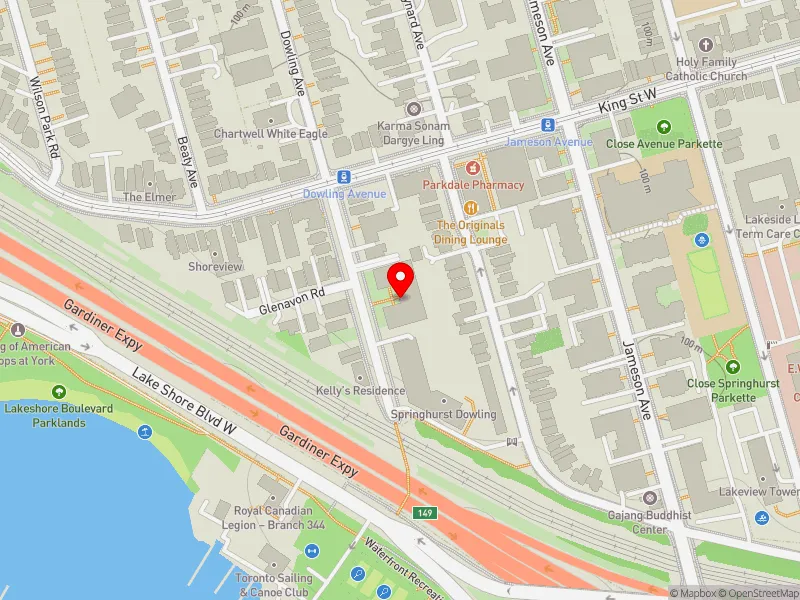 RentSafeTO apartment evaluation map view of 99 DOWLING AVE in Parkdale-High Park, Toronto